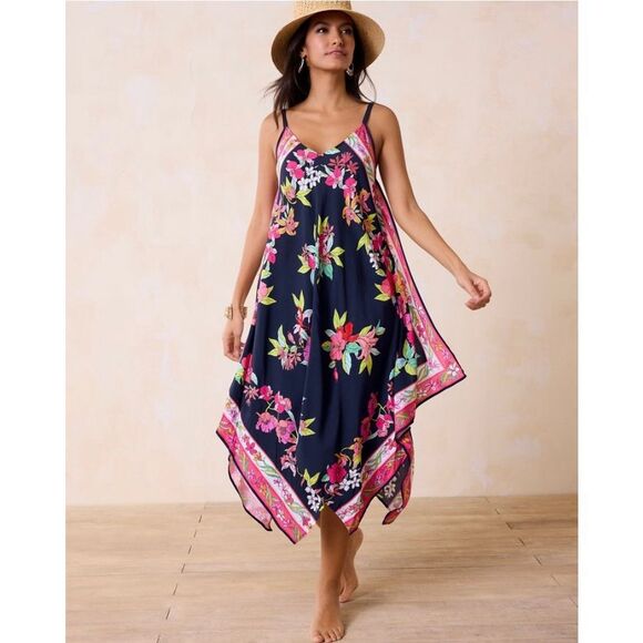 Tommy Bahama Summer Floral Scarf Coverup Dress size L XL Navy Blue Pink - Picture 1 of 7